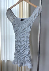 Vintage IN San Francisco Dress S Silver Shimmer Ruched Mini Y2K Clubwear Party Photo 0