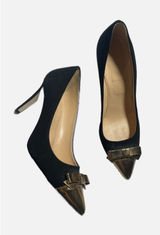 J.Crew Pumps Women 8 Black Gold Cap Toe Bow‎ Suede Stiletto Heels Made in Italy Photo 0