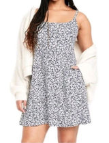 Old Navy Fit Flare Linen Blend Cami Navy White Floral Print Dress 2X Coastal Vac Photo 0