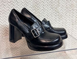 Vtg 90s SKECHERS Womens 6 Chunky Platform Loafers Buckle Black‎ Faux Leather Y2K Photo 0