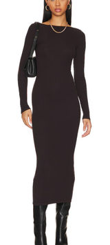 ENZA COSTA Ribbed Knit Scoopback Midi Dress Bitter Brown X-Small‎ Photo 0
