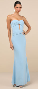 NWT Lulus Elegant Finesse Pleated Cutout Strapless Bodice Maxi Dress S Blue Photo 0