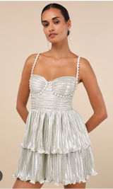 Glorious Shine Champagne Metallic Pearl Tiered Mini Dress Photo 0