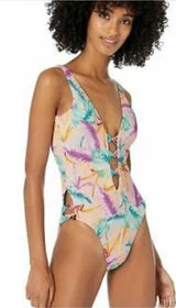 Bar III Women's XL Plunge Lace-Up Tropical Print‎ One Piece Swimsuit NWT Photo 0