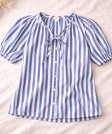 J.Crew Blue White Striped Blouse Tie Neck Puff Sleeve Coastal Chic Photo 0