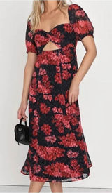 Lulus Truly Charming Floral Midi Dress Small Black Red Puff Sleeve Cutout NWT Photo 0