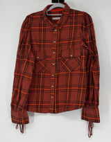 Free People We The Free Womens Large Orange Black Plaid Puff Sleeve Button Down Photo 0