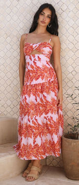 HELLO MOLLY Annita Maxi Dress Pink Orange Tropical Cutout Open Back | Small Photo 0