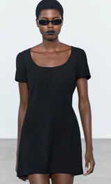 Zara Womens Black Short Sleeve Scoop‎ Neck Mini Dress XL Solid Back Zip Photo 0