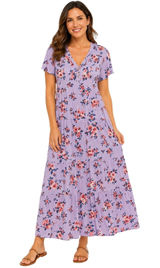 Knox‎ Rose Lavender Floral Tiered Maxi Dress XXL V-Neck Rayon Boho Fits L, XL Photo 0