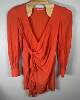 Showpo Long Sleeve Mini Dress Size US14 Bright Orange Faux Wrap Ruffle Photo 0