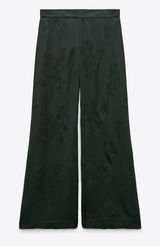 Zara Luxury Green‎ Bohemian Embroidered Satin Effect Wide Leg Lounge Pants Sz L Photo 0