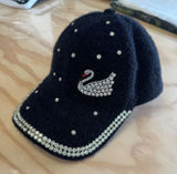 Boutique Black Fuzzy Rhinestone Swan Baseball Cap Adjustable Crystal Bling Hat Photo 0