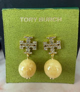 Tory Burch | Gold Plated & Pave Crystal Logo Earrings w/ Pale Yellow Drops Photo 0
