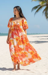 Alex Marie Monroe Floral Midi Dress Orange Red Tie‎ Dye Puff Sleeve Size 16 NEW Photo 0
