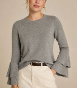 J.Crew Small Sweater Gray Tiered Bell Sleeve Crew Neck Heathered Knit Pullover Photo 0