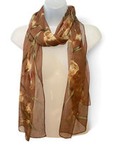 Vintage Ralph Lauren Floral Iris Print Autumnal Brown Silk Chiffon Long Scarf Photo 0