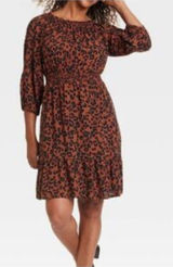 KNOX ROSE Dress Size Large Smocked Elastic Waist Animal Print Rust Large Fall Photo 0
