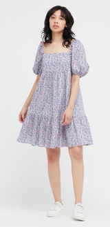 Uniqlo Women Mini Dress XS Ditsy Floral Cottage Tiered Babydoll Purple‎ Wedding Photo 0