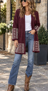 Frye Burgundy Open-Front Cardigan with Cream Geometric Trim Size XL Photo 0