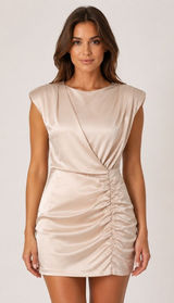 DO+BE Champagne Satin Ruched Mini Dress Sleeveless Padded Shoulder GY0997 NWT Photo 0