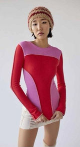 Urban Outfitters Emme Thermal‎ Seamed Blouse Top Knit Long Sleeve pink red Small Photo 0