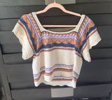 Striped Crochet Scoop Neck Crop Top - Cream with Blue, Purple & Tan Photo 0