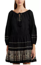 Polo Ralph Lauren Embroidered Peasant Midi Dress Black Size 2 Cotton Voile Photo 0