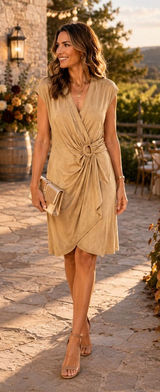 Tommy Bahama Dress M Clara Salina Tan Autumn Wedding Guest Faux Wrap Midi Photo 0