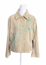Coldwater Creek Women's L Tan‎ Genuine Suede 100% Leather Jacket Floral Applique Photo 0