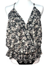 Express Floral Print Chiffon‎ Sleeveless Wrap Top Bodysuit Sz M Coquette Y2K Photo 0