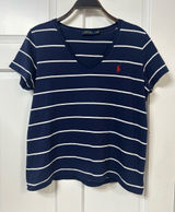 Polo by Ralph Lauren Navy and White Striped V-Neck Tee with Red Pony Photo 0