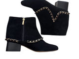 Karl Lagerfeld Black Suede Ankle Booties with Gold Chain Trim Photo 0