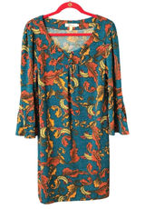 Aryeh Knit Dress Women'sTeal‎ Orange Feather Print Bell Sleeve, Large Photo 0