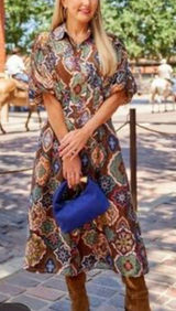 Avara Brown Floral-Print Puff Sleeve Midi Dress Photo 0