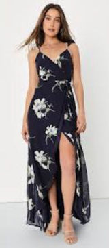 Lulu’s All Mine Navy Blue Floral Print High-Low Wrap Dress Photo 0