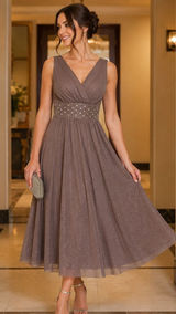 Jessica Howard Glitter Mesh Beaded Waist Midi Cocktail Dress Taupe Size 6 Photo 0
