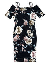 Haute Monde Floral Midi Dress M Black Off The Shoulder Sheath Bodycon‎ Pink Rose Photo 0