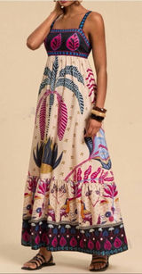 Rosa Clothing Bohemia Tropical Totem Print Strappy Flare Maxi Dress Small New Photo 0