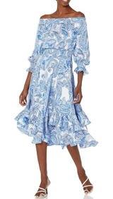 Tahari New Smocked Dress Asymmetrical Ruffle Hem Blue Paisley NWT Women Size 16 Photo 0