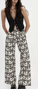 Free People Spotlight Printed High Rise Wide Leg Jeans We the Free Size 27 Bows Photo 0