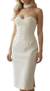4SI3NNA Midi Dress‎ Womens S Cream Choker Neck Strapless Sweetheart Bodycon Slit Photo 0
