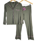 J. Crew Dreamy long-sleeve cotton pajama set XS Olive Green Pink Piping AC318 Photo 0