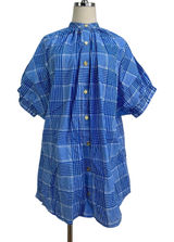 Never A Wallflower Elastic Sleeve Dress Blue Plaid Printed Cotton Photo 0