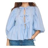 Blue cotton puff sleeve tie front fashion top size M Photo 0