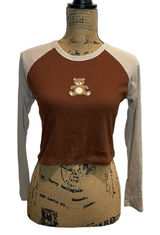 Brown & Cream Teddy Patch Long Sleeve Crop Top Size M Photo 0