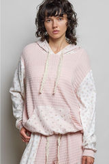 POL Mixed Knit Contrast Print Sleeve Hoodie with Kangaroo Pocket - Pink - Small Photo 0