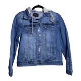 RISEN JEANS Distressed Medium Wash Detachable Hood Denim Jacket‎ Size Small Photo 0