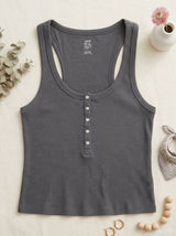 Aerie‎ Real Soft Ribbed Henley Tank Top Gray Size L Altered Raw Hem Crop Photo 0