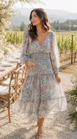 LoveShackFancy Floral Smocked Waist Tiered Midi Dress Sage Green XS Photo 0